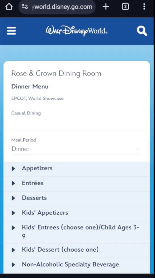 Official Disney Rose and Crown menu
