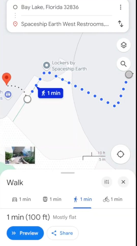 Walking route to nearest restroom, 1 minute